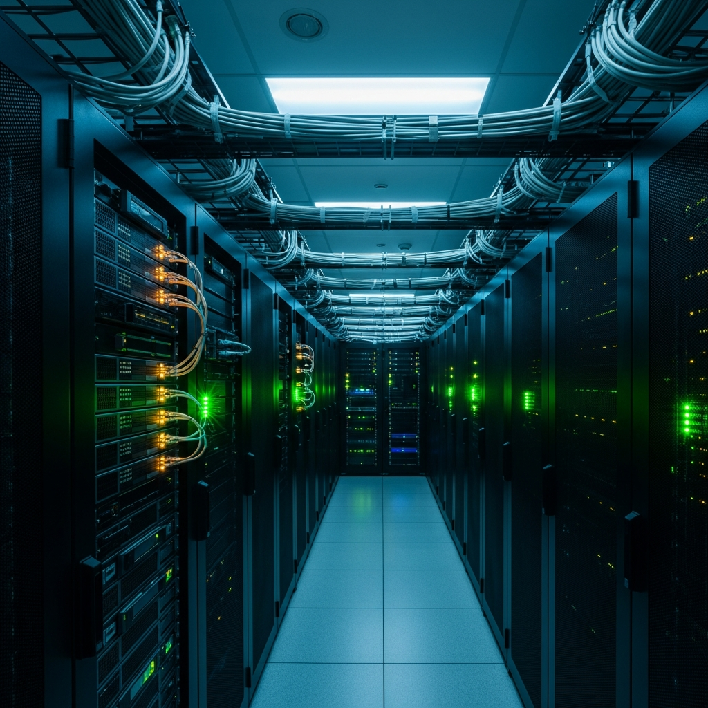 Photorealistic wide-angle view of a datacenter aisle with rows of server racks, green and amber LEDs blinking on network switches, Ethernet cables neatly bundled overhead, cool fluorescent lighting and raised floor tiles visible