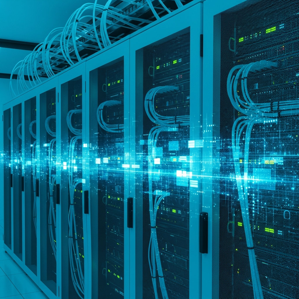 Datacenter moderne avec racks de serveurs éclairés en bleu cyan, câbles réseau structurés, représentation abstraite de flux de paquets filtrés en temps réel sur interface réseau, ambiance technique et professionnelle