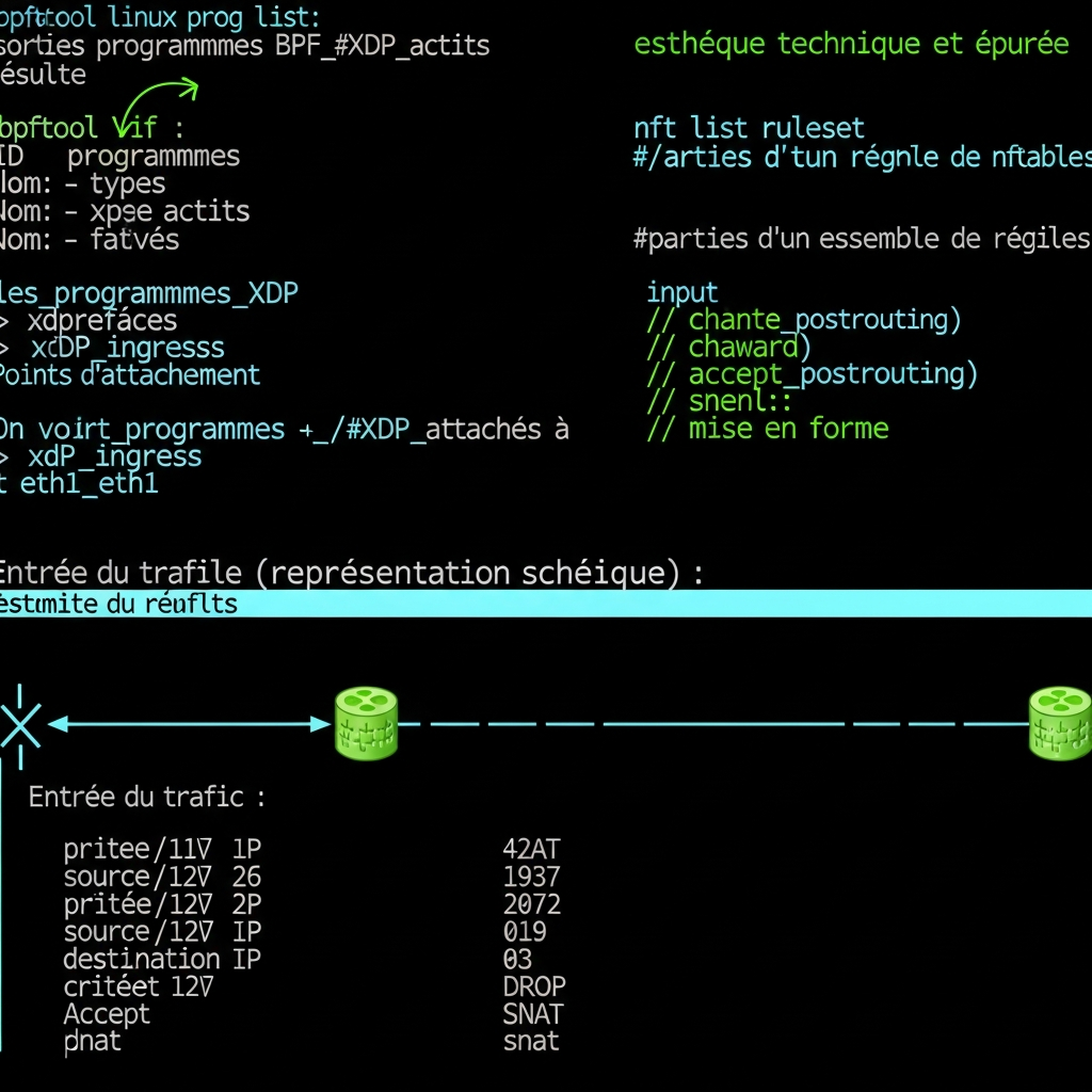 Terminal Linux avec sortie de commandes bpftool et nft list ruleset, fond sombre, texte cyan et vert, représentation schématique de flux réseau filtré par tables XDP et nftables, esthétique technique et épurée