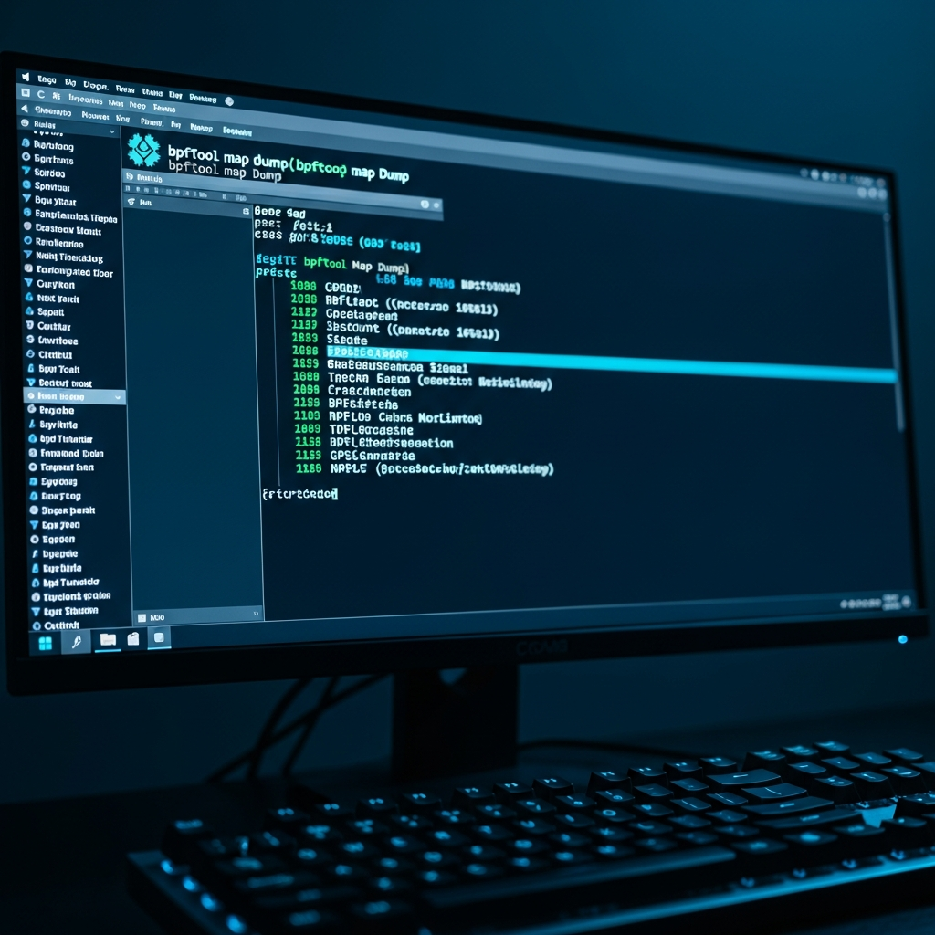 Close-up photorealistic shot of a Linux terminal on a high-resolution monitor displaying colorful output from bpftool map dump command, green and cyan syntax highlighting, modern dark-themed shell, shallow depth of field with a mechanical keyboard partially visible in the foreground, ambient blue-white LED backlight