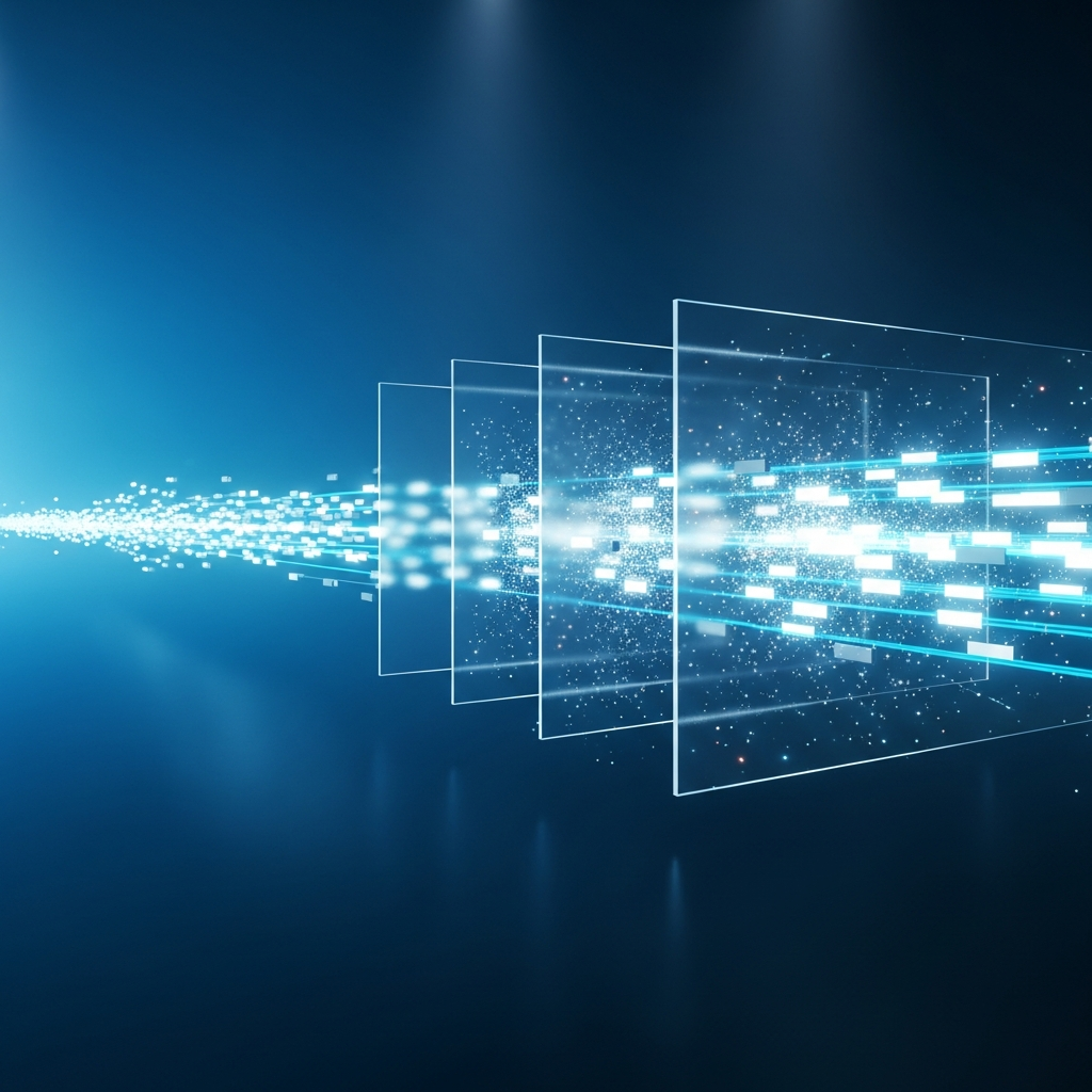 Photorealistic abstract visualization of network packet filtering, streams of glowing cyan and white data packets flowing through a dark space intersected by translucent geometric planes representing firewall layers, some packets passing through while others disintegrate into particle effects, cinematic lighting with deep blue ambient fog