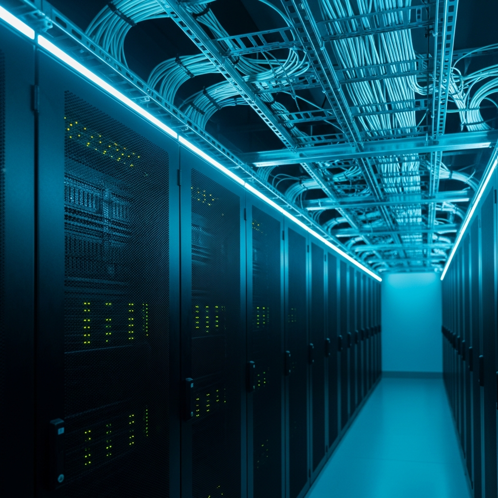 Wide-angle photorealistic view of a modern datacenter aisle with rows of black server racks under cyan LED strip lighting, fiber optic cables neatly bundled along overhead trays, shallow depth of field emphasizing the closest rack, cool blue ambient glow suggesting high-tech network infrastructure