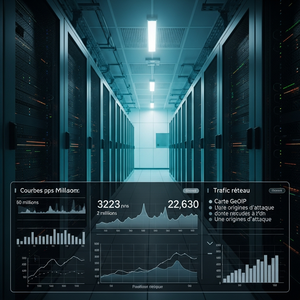 Vue en plongée d'une salle serveur hyperscale, racks alignés à perte de vue, éclairage LED cyan et blanc froid, en surimpression un dashboard temps réel stylisé montrant des graphiques de trafic réseau (courbes pps en millions, latence en nanosecondes, carte GeoIP avec origines d'attaque), ambiance technique et professionnelle, pas de personnage, focus sur l'infrastructure et les métriques