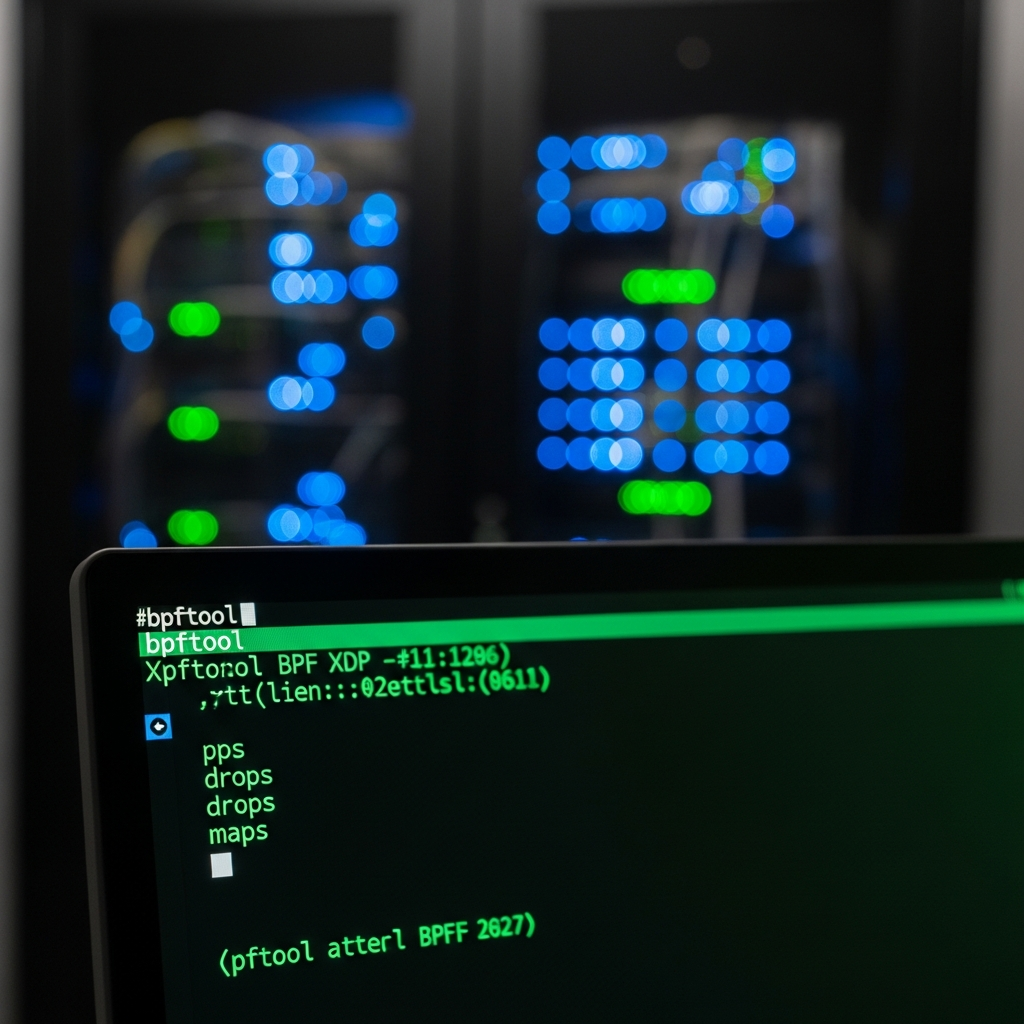Gros plan sur un terminal Linux moderne (fond sombre, police monospace verte sur noir), affichant la sortie d'une commande bpftool avec des statistiques XDP (pps, drops, maps), en arrière-plan flou un rack serveur avec LEDs bleues clignotantes, ambiance hacker éthique et ops moderne, pas de visage humain