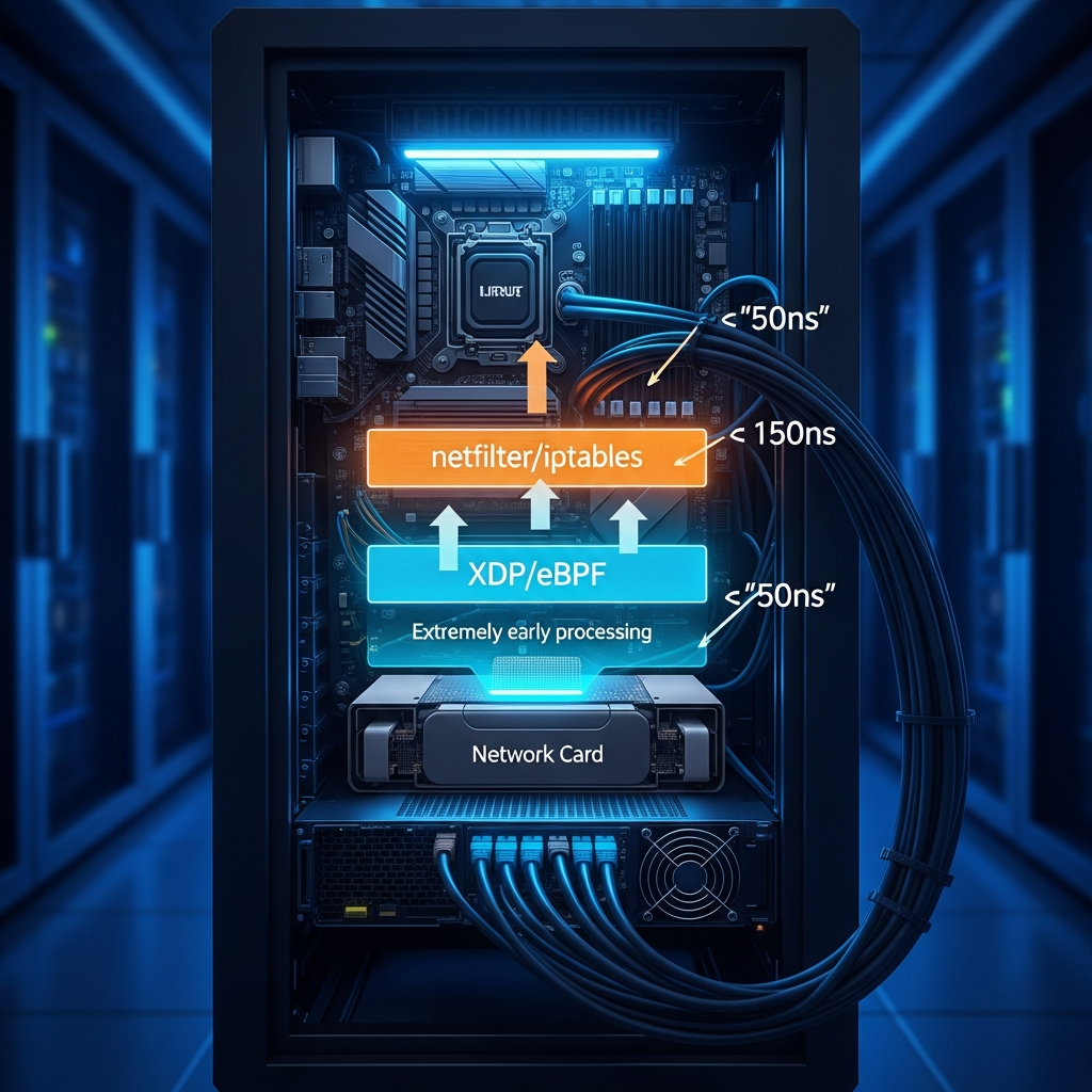 Schéma technique en coupe d'un serveur rack dans un datacenter moderne, avec superposition infographique montrant le chemin d'un paquet réseau dans le kernel Linux : carte réseau en bas, couche XDP/eBPF immédiatement au-dessus du driver (zone cyan lumineuse), puis stack netfilter/iptables plusieurs couches plus haut (zone orange), flèches annotées avec les temps de traitement en nanosecondes, ambiance technique professionnelle, éclairage LED bleu, câbles Ethernet visibles