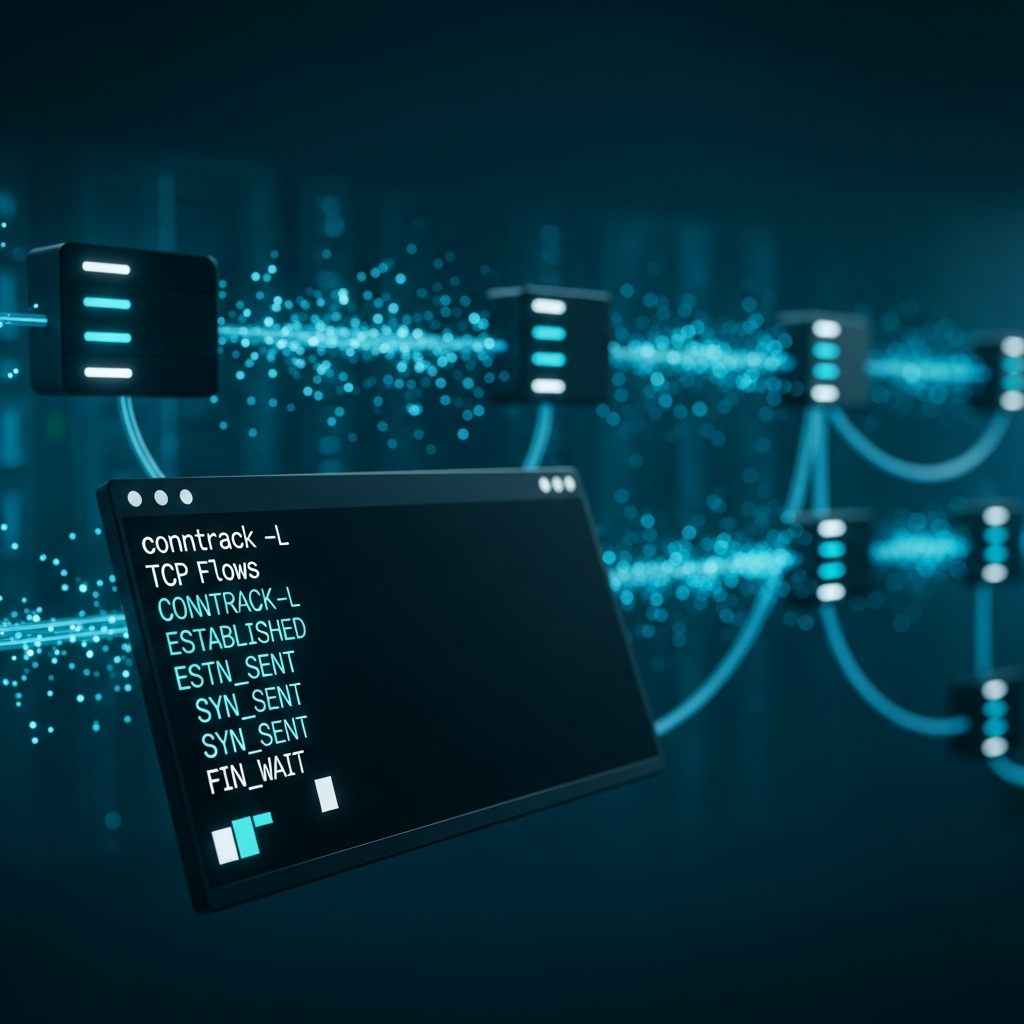 Photorealistic visualization of a Linux terminal screen displaying conntrack -L output in white monospace font on a dark background, showing multiple TCP flows with ESTABLISHED, SYN_SENT, and FIN_WAIT states highlighted in cyan; behind the terminal, a blurred 3D network topology diagram with animated packet flows represented as glowing blue particles traveling along translucent tubes connecting server nodes.