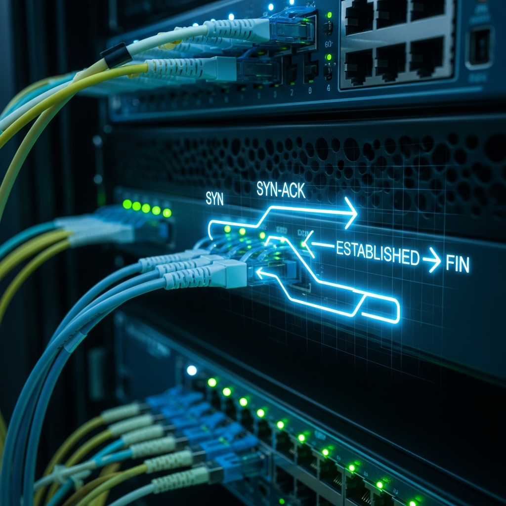 Close-up of a modern Linux server rack in a datacenter, glowing cyan LEDs on network interface cards, fiber-optic cables plugged into SFP+ ports, shallow depth-of-field focusing on a single RJ45 connector with abstract overlay visualizing TCP state-machine arrows (SYN, SYN-ACK, ESTABLISHED, FIN) in neon blue against the dark server chassis.