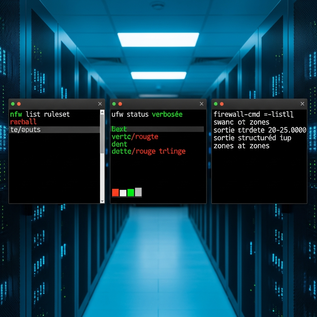 Terminal Linux moderne sur fond sombre, affichant trois fenêtres côte à côte : à gauche la commande `nft list ruleset` avec syntaxe colorée, au centre `ufw status verbose` avec texte vert/rouge, à droite `firewall-cmd --list-all` avec sortie structurée en zones. Arrière-plan flou de datacenter avec racks serveurs éclairés en bleu cyan, lumière tamisée, ambiance professionnelle et technique.