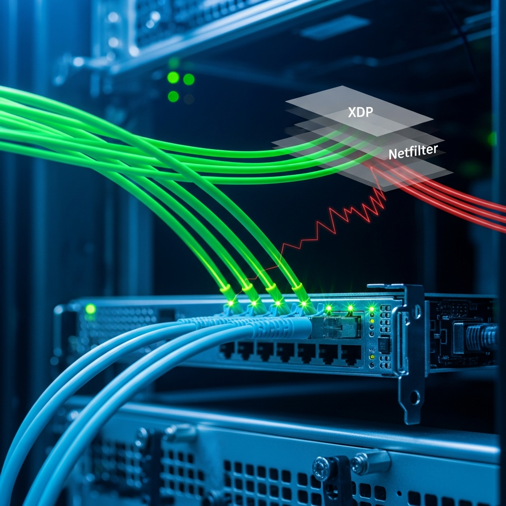 Vue rapprochée d'une carte réseau 10GbE dans un rack serveur, câbles fibre optique bleu cyan branchés, LED vertes clignotantes. En superposition translucide, schéma abstrait de paquets réseau filtrés en temps réel avec des flux colorés (rouge pour drop, vert pour accept) traversant des couches kernel (XDP, Netfilter). Ambiance high-tech, éclairage froid, profondeur de champ réduite sur les connecteurs SFP+.
