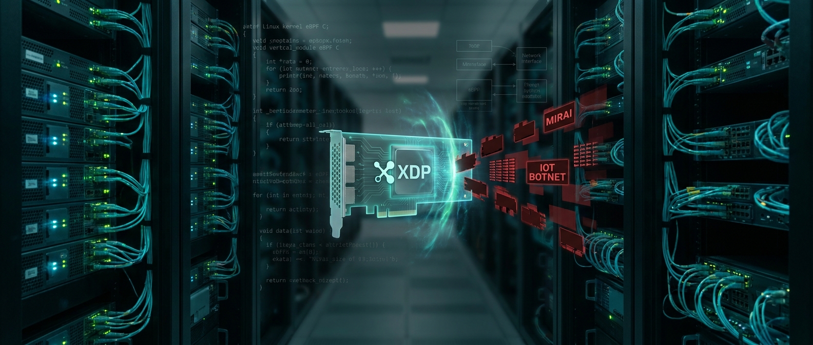 Illustration immersive du sujet : Mirai botnet XDP